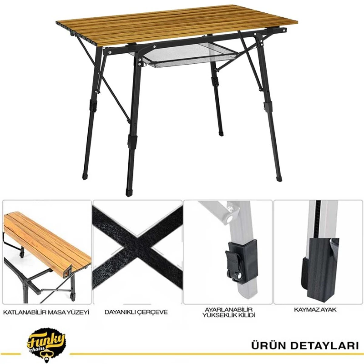 FUNKY CHAIRS Elite XL Alüminyum Teleskopik Ayaklı Kamp Piknik Masası - Ahşap Desen