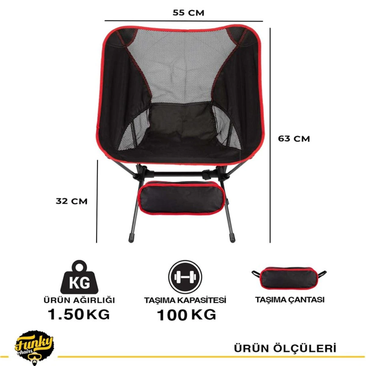FUNKY CHAIRS Pratik Kamp Sandalyesi Kırmızı (Çantalı)