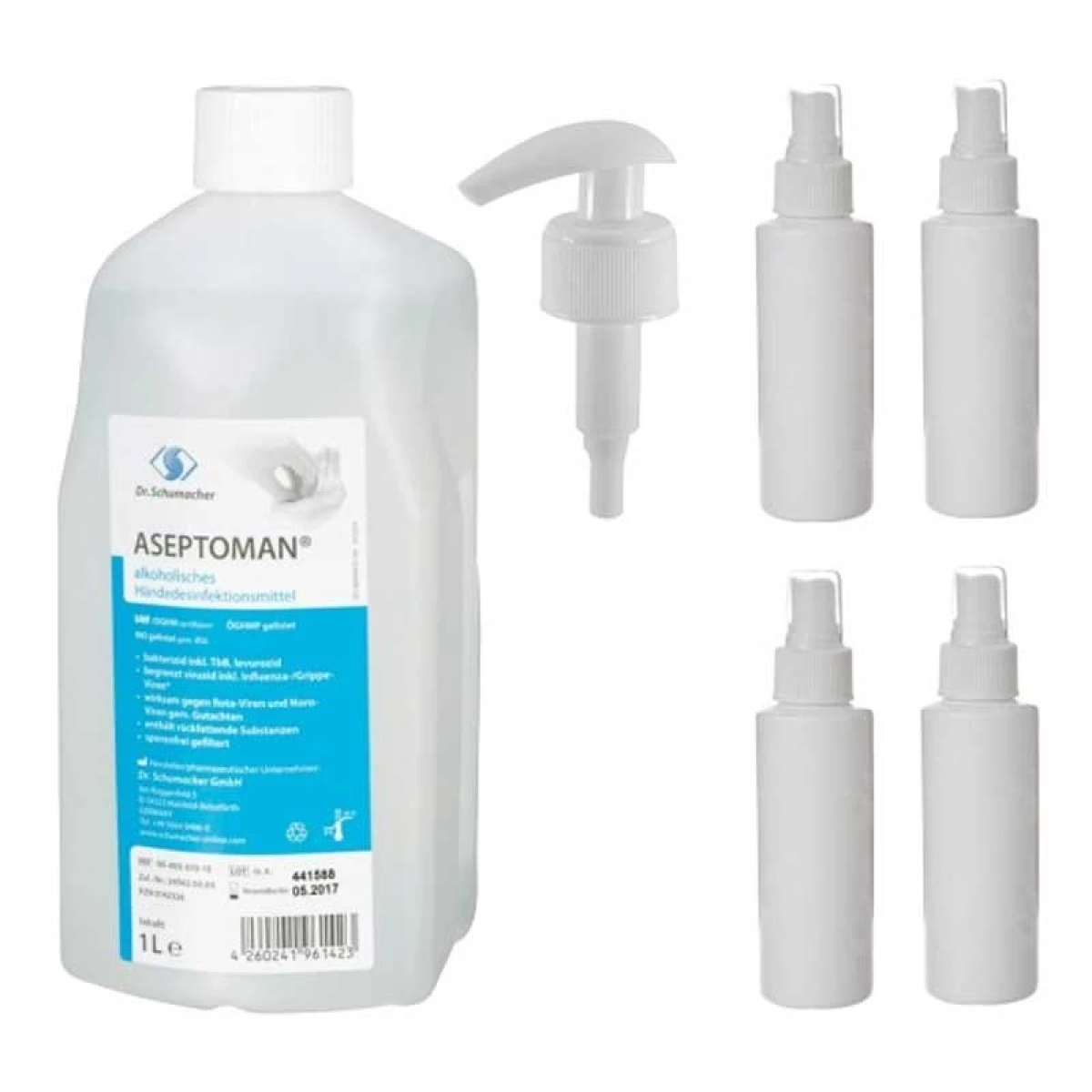 Dr.SCHUMACHER Aseptoman 1 Litre + 4 Adet 100 ml Boş Sprey Kutusu + Pompa