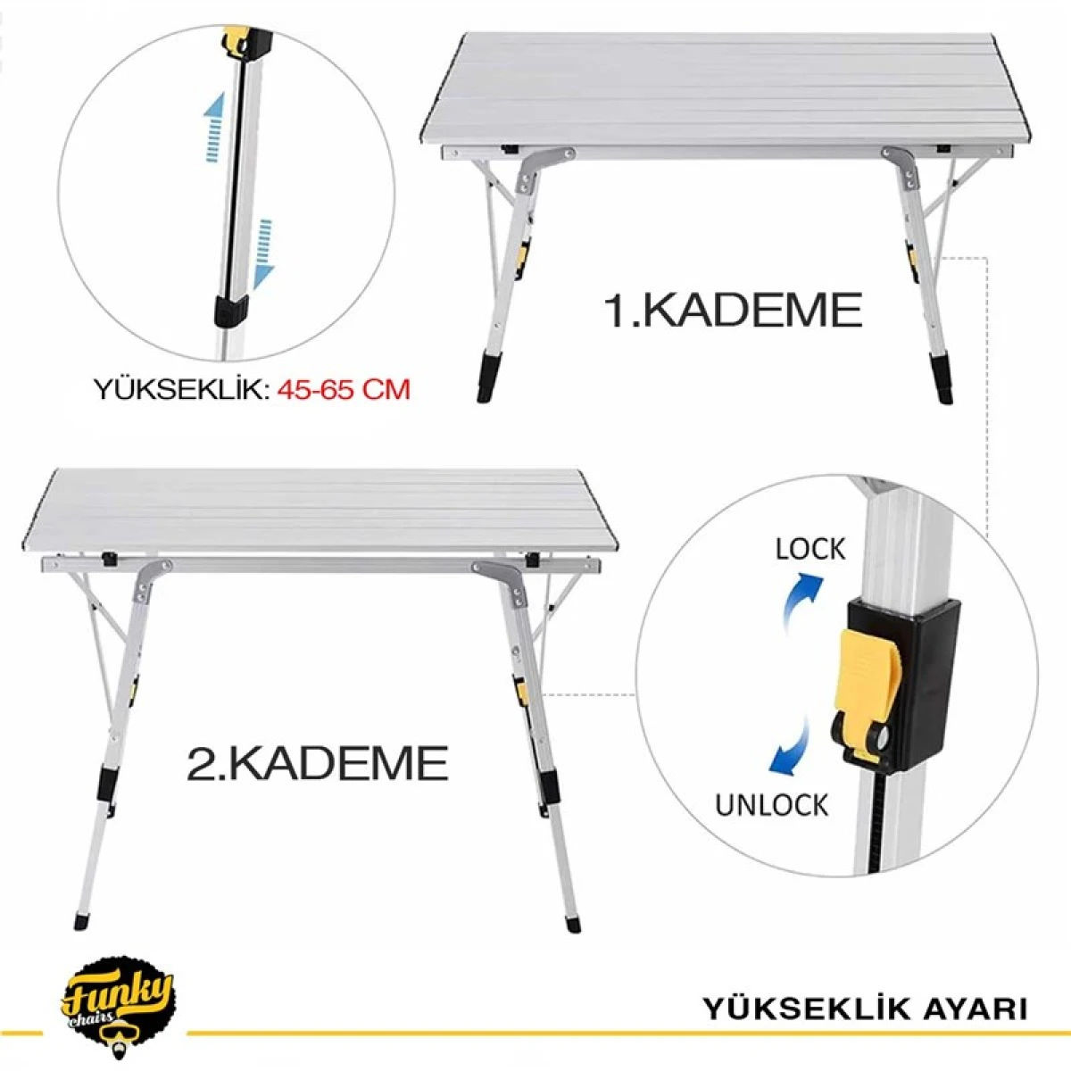 FUNKY CHAIRS Elite Alüminyum Teleskopik Ayaklı Kamp Piknik Masası - Gri