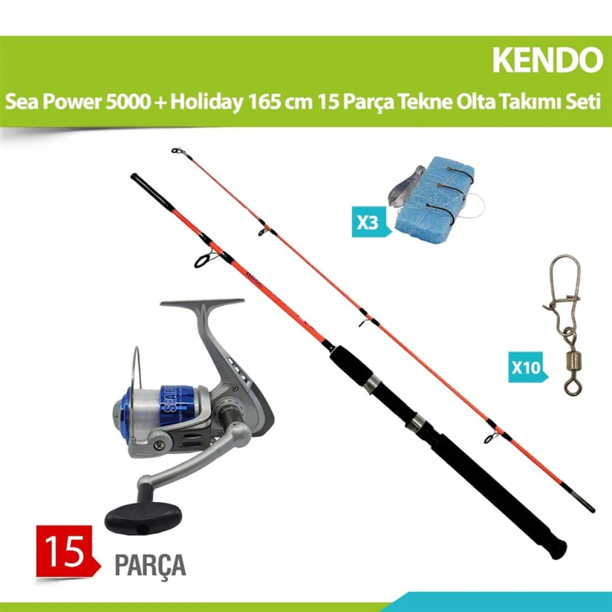 KENDO Sea Power 5000 + Holiday 165 cm 15 Parça Tekne Olta Takımı Seti