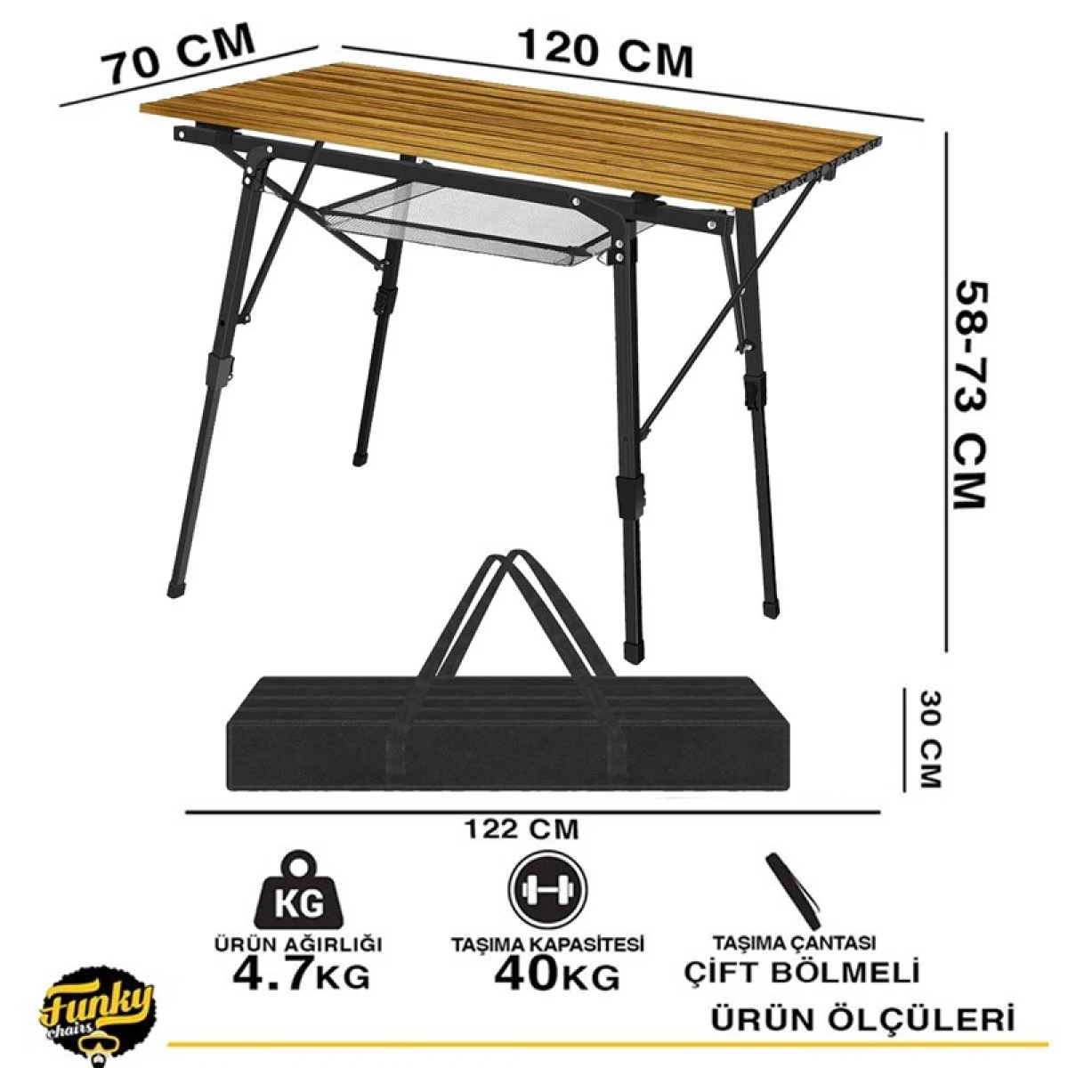 FUNKY CHAIRS Elite XL Alüminyum Teleskopik Ayaklı Kamp Piknik Masası - Ahşap Desen