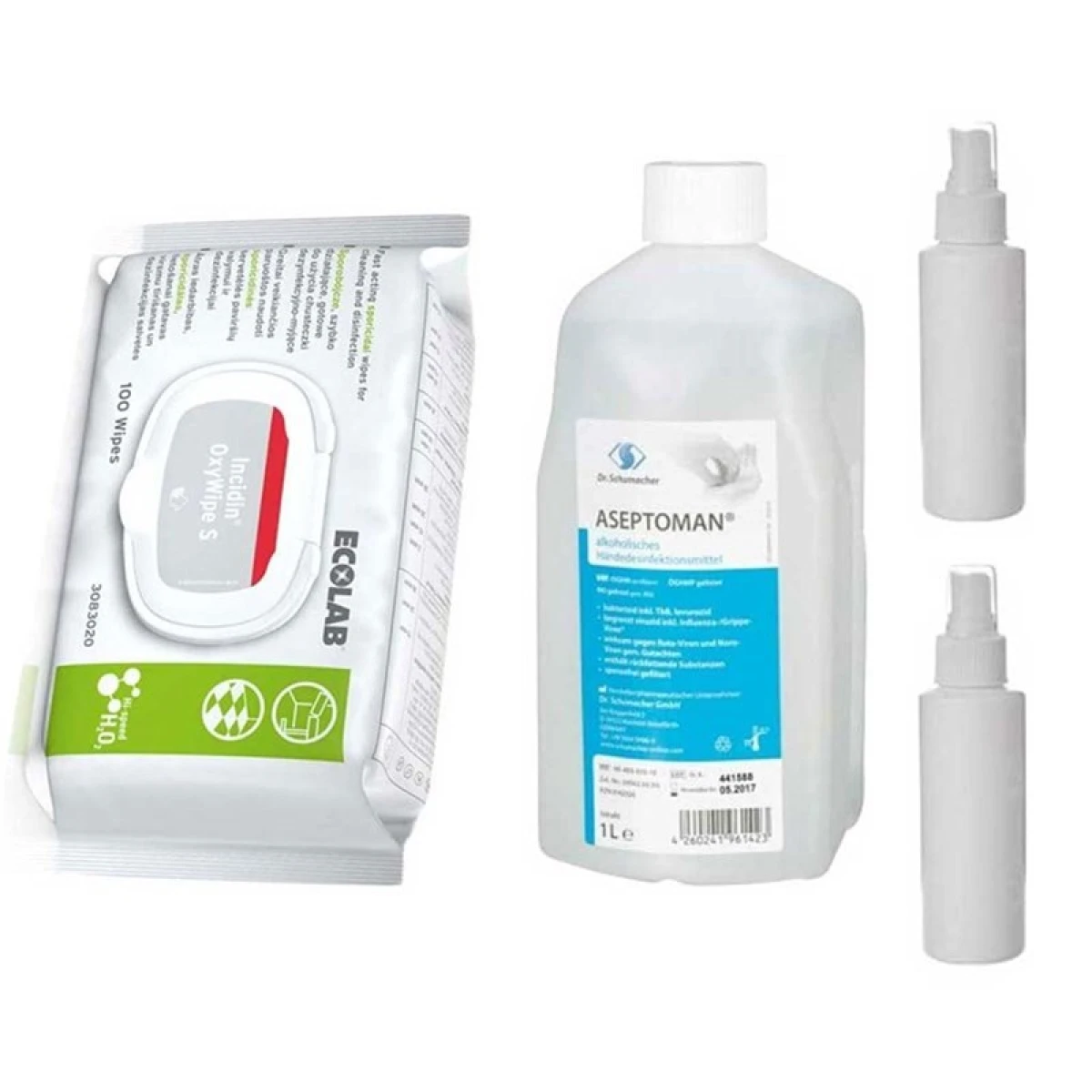 ECOLAB Oxywipe Mendil 100'lü + Aseptoman Dezenfektan 1lt + 2x 100ml Şişe