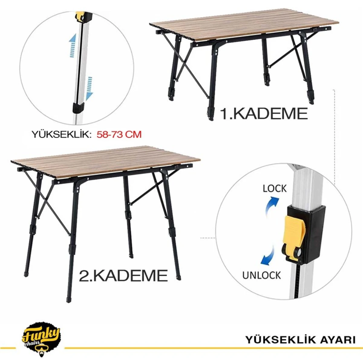 FUNKY CHAIRS Elite XL Alüminyum Teleskopik Ayaklı Kamp Piknik Masası - Ahşap Desen
