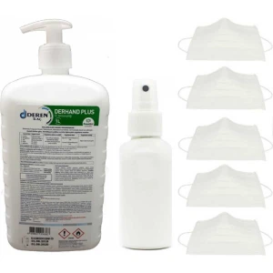 Ecolab Derhand Plus El Dezenfektanı 1 Lt Pompalı ve Boş Sprey Şişe ve Cerrahi Maske 5 Adet