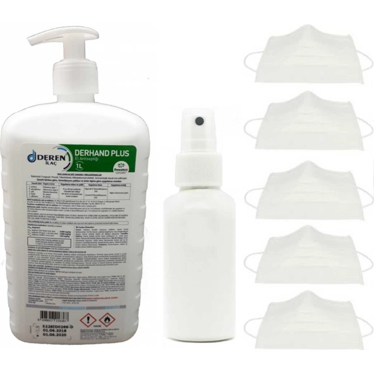 Ecolab Derhand Plus El Dezenfektanı 1 Lt Pompalı ve Boş Sprey Şişe ve Cerrahi Maske 5 Adet
