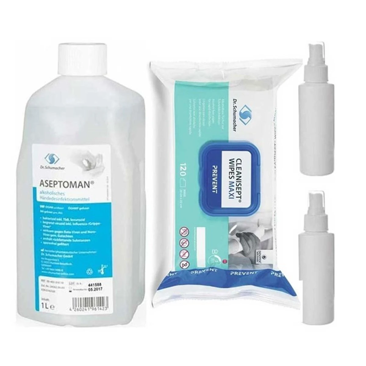 Dr.Schumacher Aseptoman Dezenfektan 1lt + Cleanisept Wipes Maxi 120 Yaprak + 2x 100 Ml Şişe