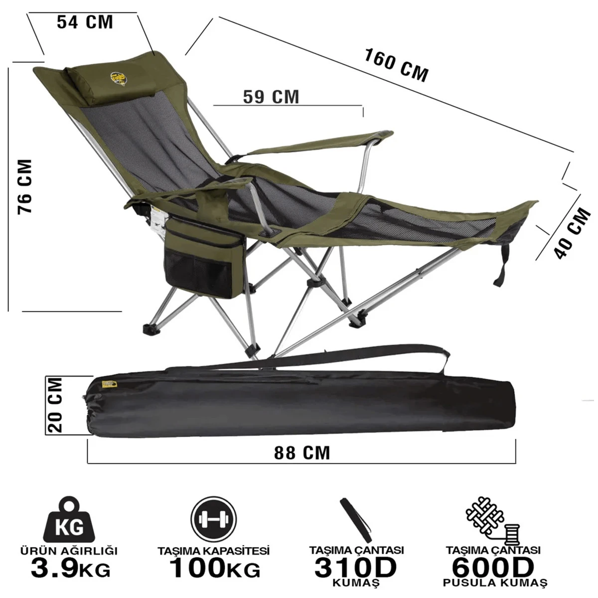 FUNKY CHAIRS Lazy 3 Plus Yatabilen Kamp Sandalyesi Haki