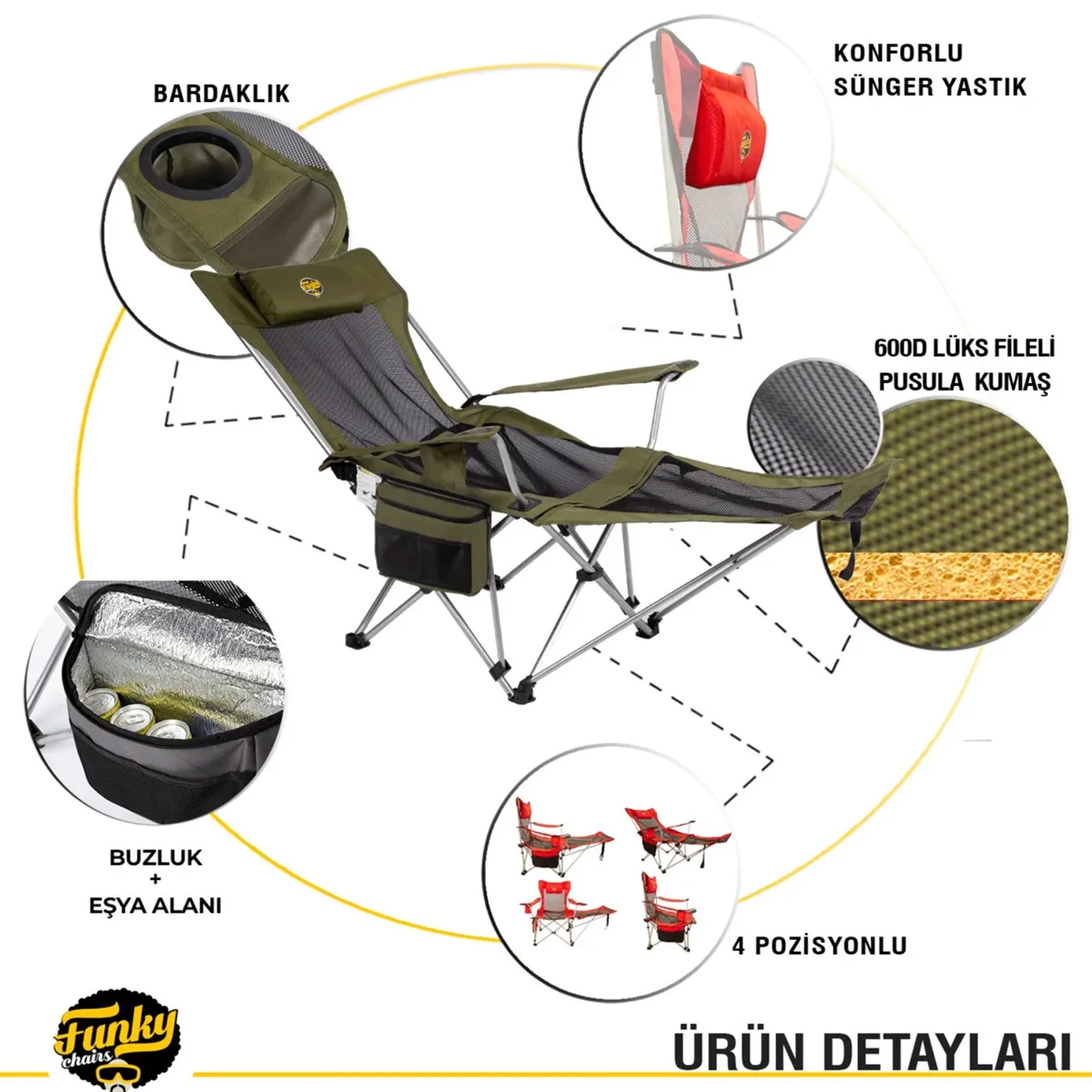 FUNKY CHAIRS Lazy 3 Plus Yatabilen Kamp Sandalyesi Haki