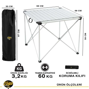FUNKY CHAIRS Titanium Katlanabilir Çantalı Alüminyum Kamp ve Piknik Masası 68*68*58 cm - Gri