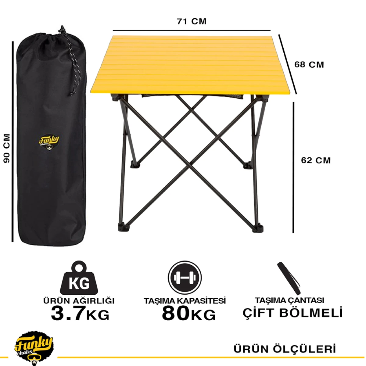 FUNKY CHAIRS Black Katlanabilir Kamp Masası Büyük - Sarı (71 x 68 x 62cm)