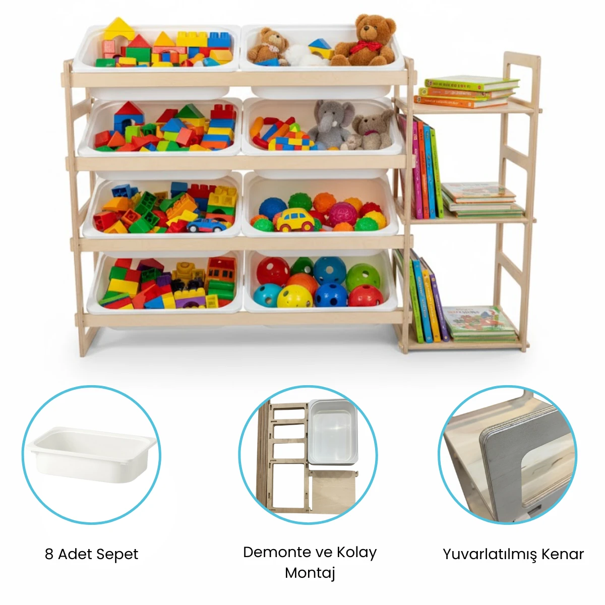 4 + 3 Raflı Kitaplıklı Oyuncak Dolabı 119x80x30 cm