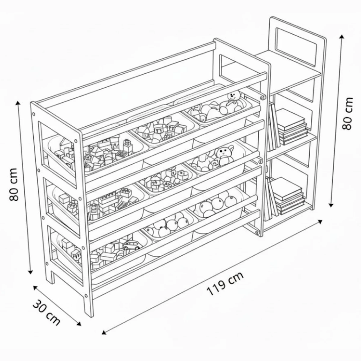 4 + 3 Raflı Kitaplıklı Oyuncak Dolabı 119x80x30 cm
