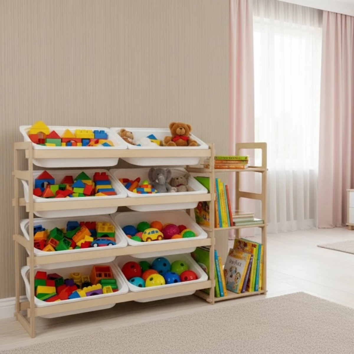 4 + 3 Raflı Kitaplıklı Oyuncak Dolabı 119x80x30 cm