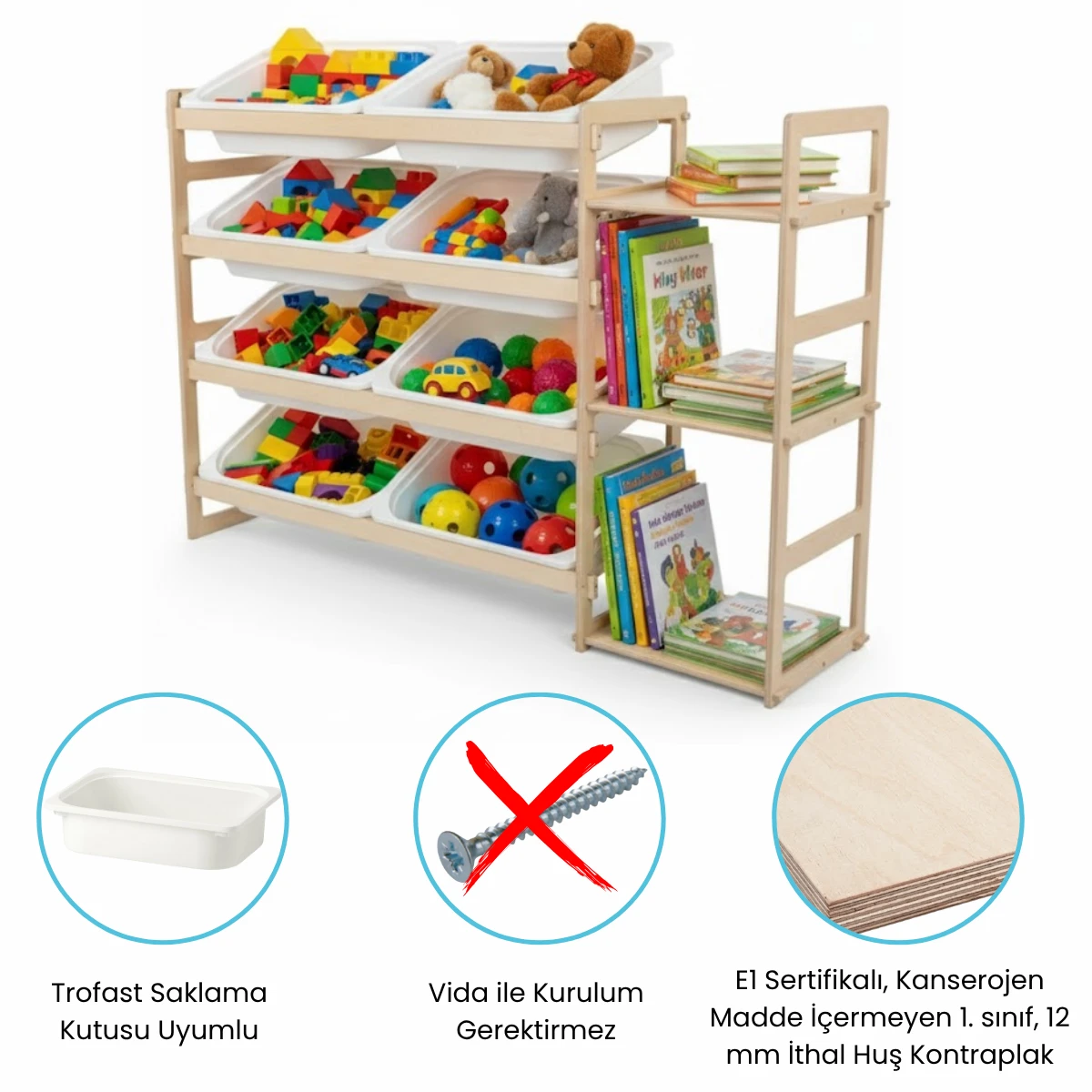 4 + 3 Raflı Kitaplıklı Oyuncak Dolabı 119x80x30 cm