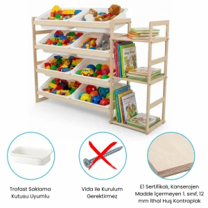 4 + 3 Raflı Kitaplıklı Oyuncak Dolabı 119x80x30 cm