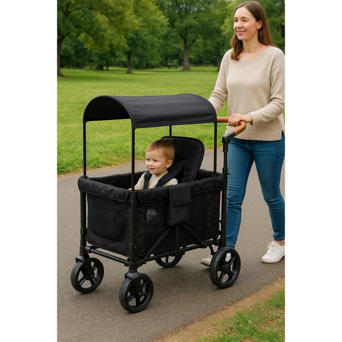 Ecrou Güneş Tenteli Vagon Taşıma Arabası Siyah