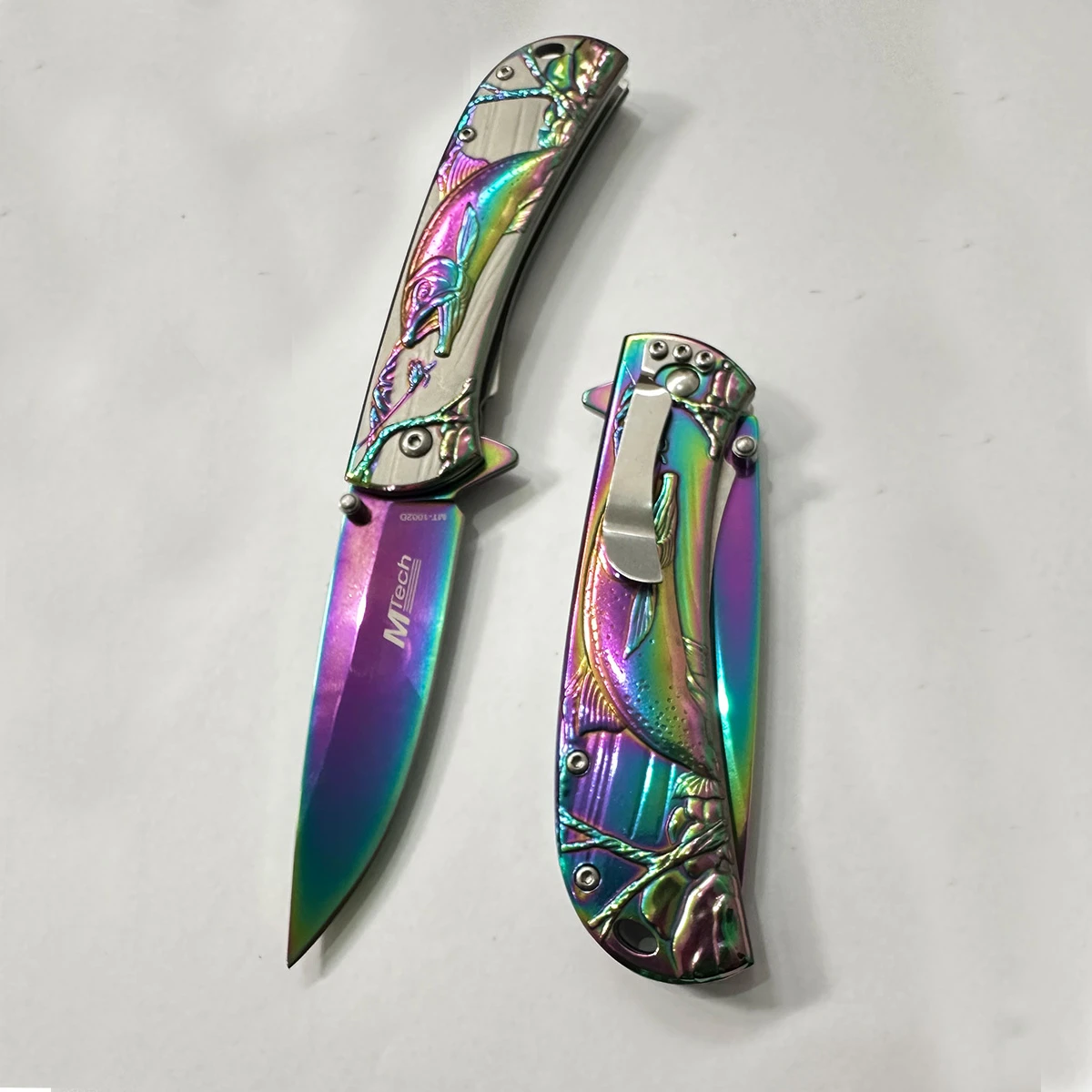 SPINSTAR Balık Kabartmalı Model Yarı Otomatik Çelik Cep Çakı 20 Cm - Rainbow