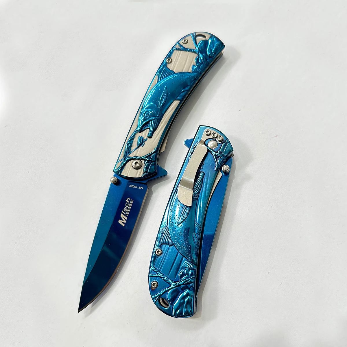 SPINSTAR Balık Kabartmalı Model Yarı Otomatik Çelik Cep Çakı 20 Cm - Mavi