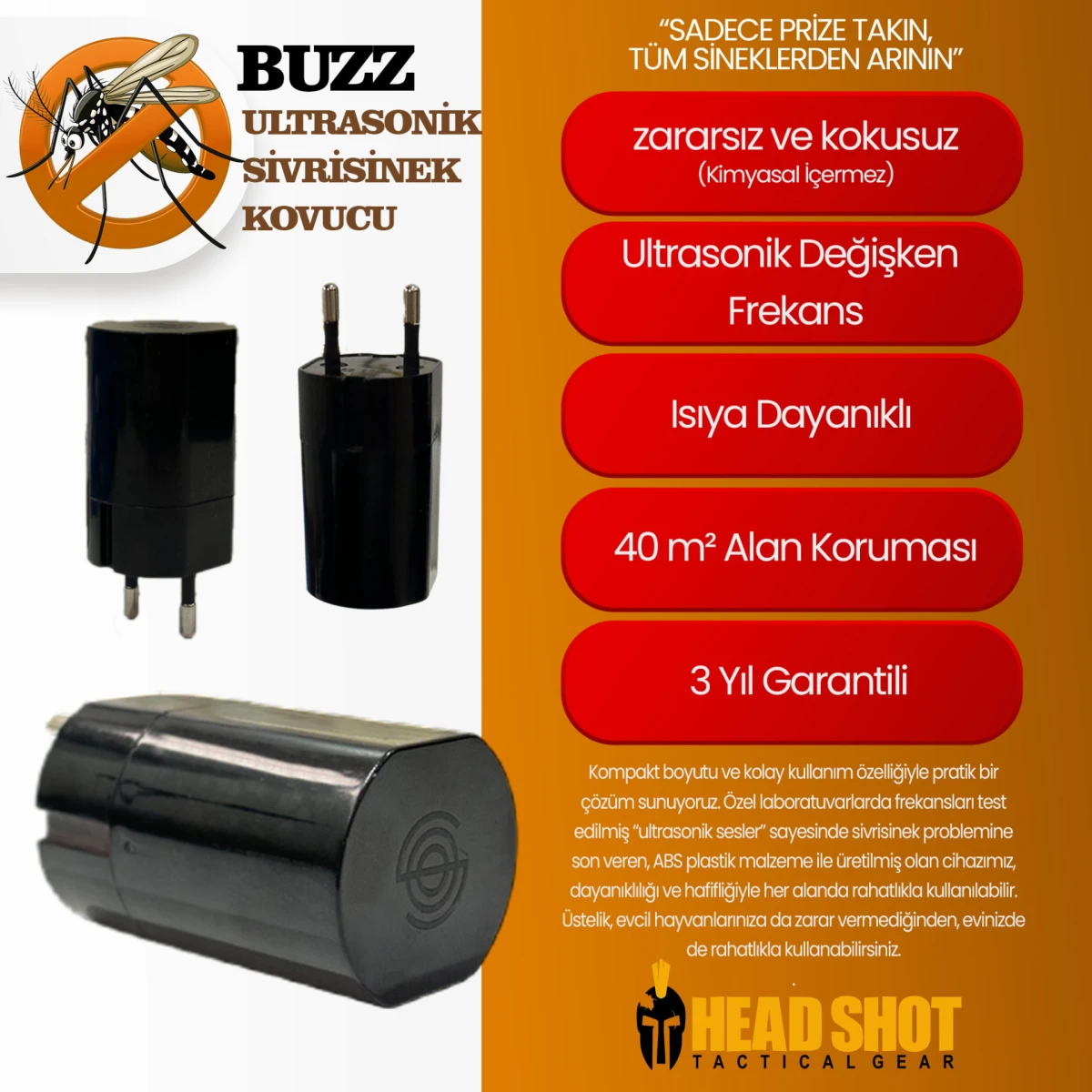 HEADSHOT Buzz Ultrasonik Ses Dalgalı Sivrisinek Kovucu