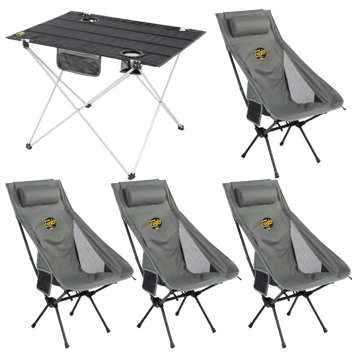 4 Adet Sky Ultralight Katlanabilir Kamp Sandalyesi + Ultralight Katlanabilir Masa - Gri/Siyah