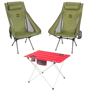 2 Adet Sky Ultralight Katlanabilir Kamp Sandalyesi + Ultralight Katlanabilir Masa - Haki/Kırmızı