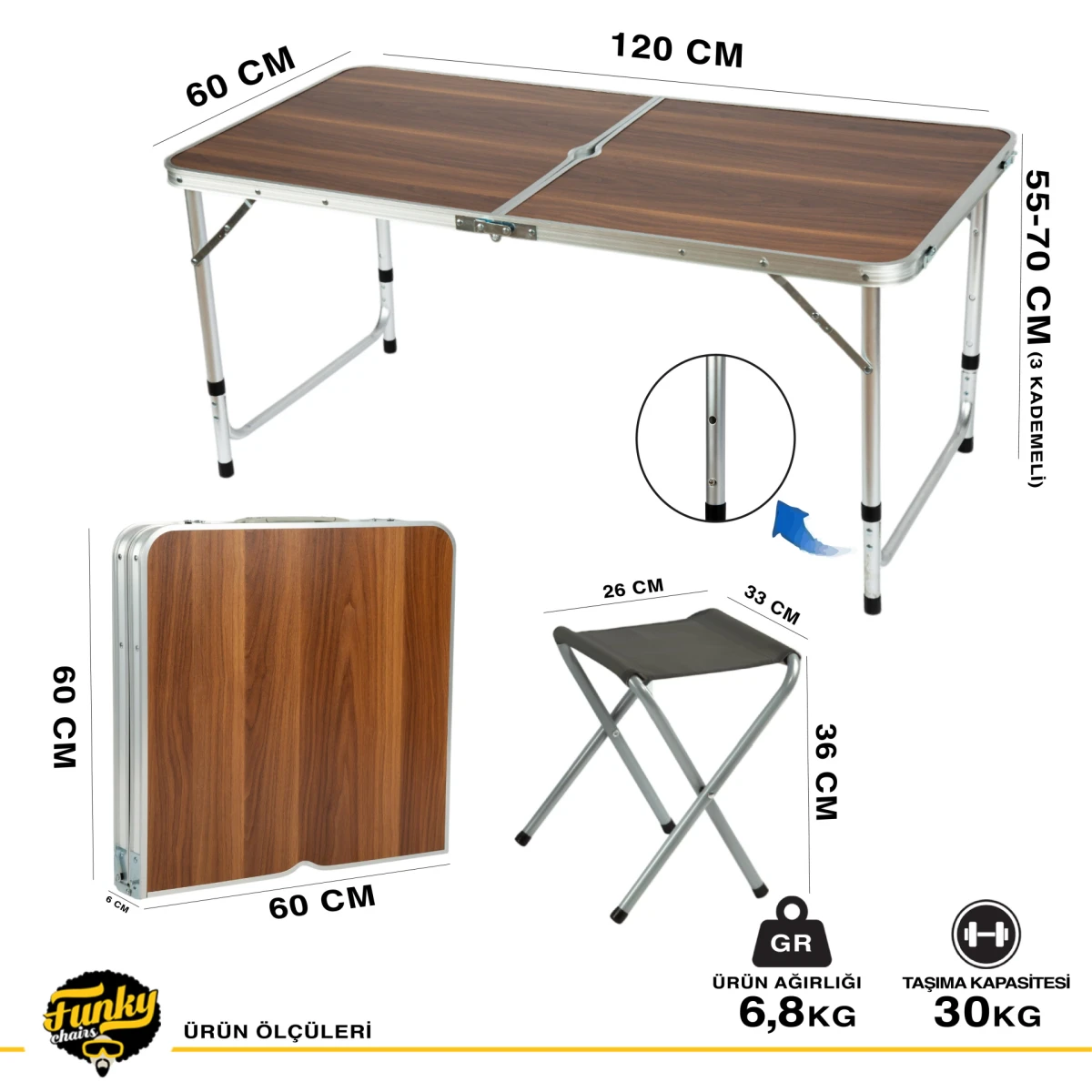 FUNKY CHAIRS Tabureli Katlanabilir Piknik Masası Seti -Ahşap Desen
