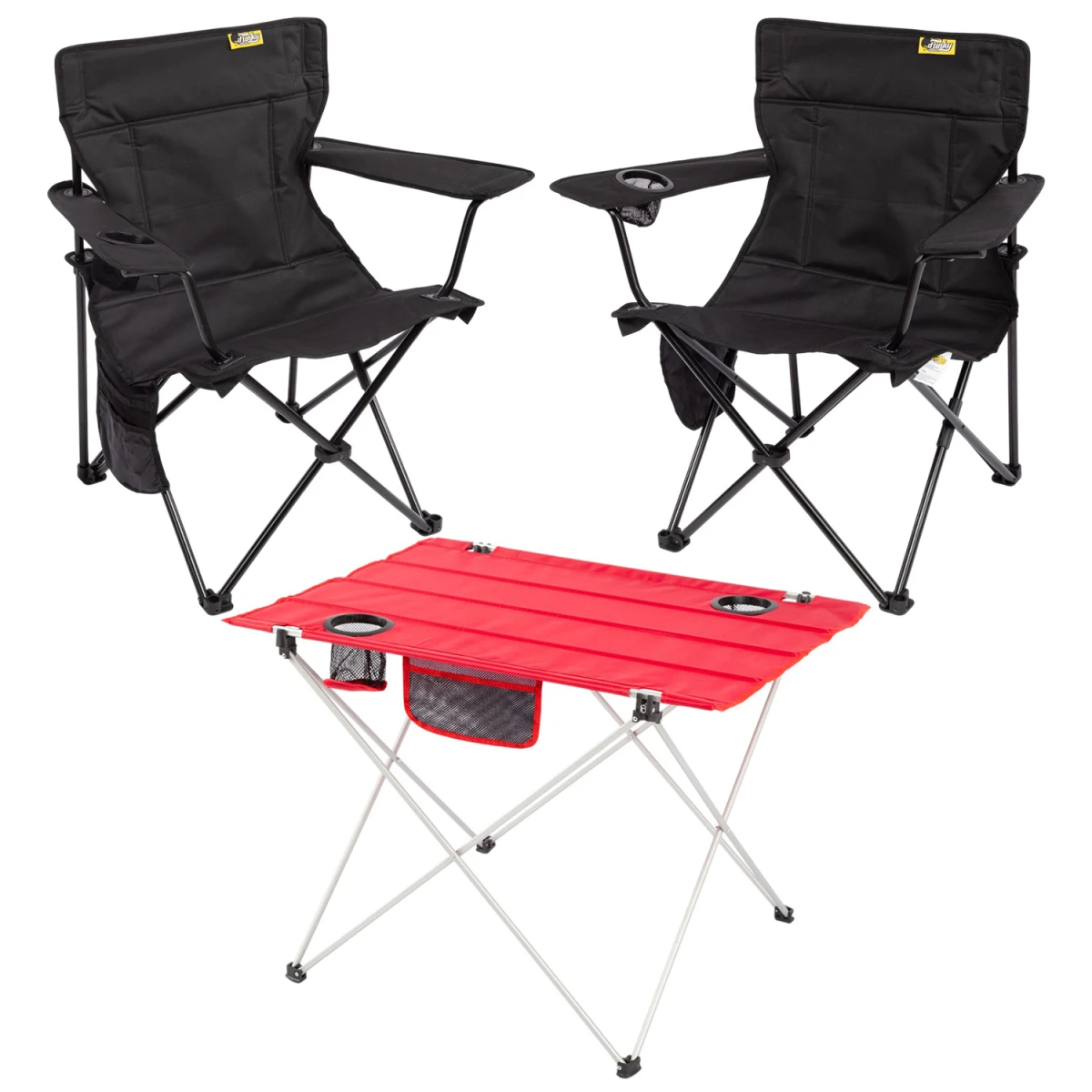 FUNKY CHAIRS  2 ADET V2 Siyah Lüks Kamp Sandalyesi + Ultralight Kırmızı Katlanabilir Masa