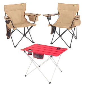 2 Adet Cool Ice Lüks Kamp Sandalyesi + Ultralight Katlanabilir Masa - Toprak+Kırmızı