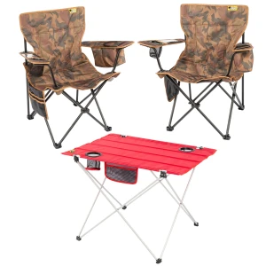 2 Adet Cool Ice Lüks Kamp Sandalyesi + Ultralight Katlanabilir Masa - Kamuflaj + Kırmızı