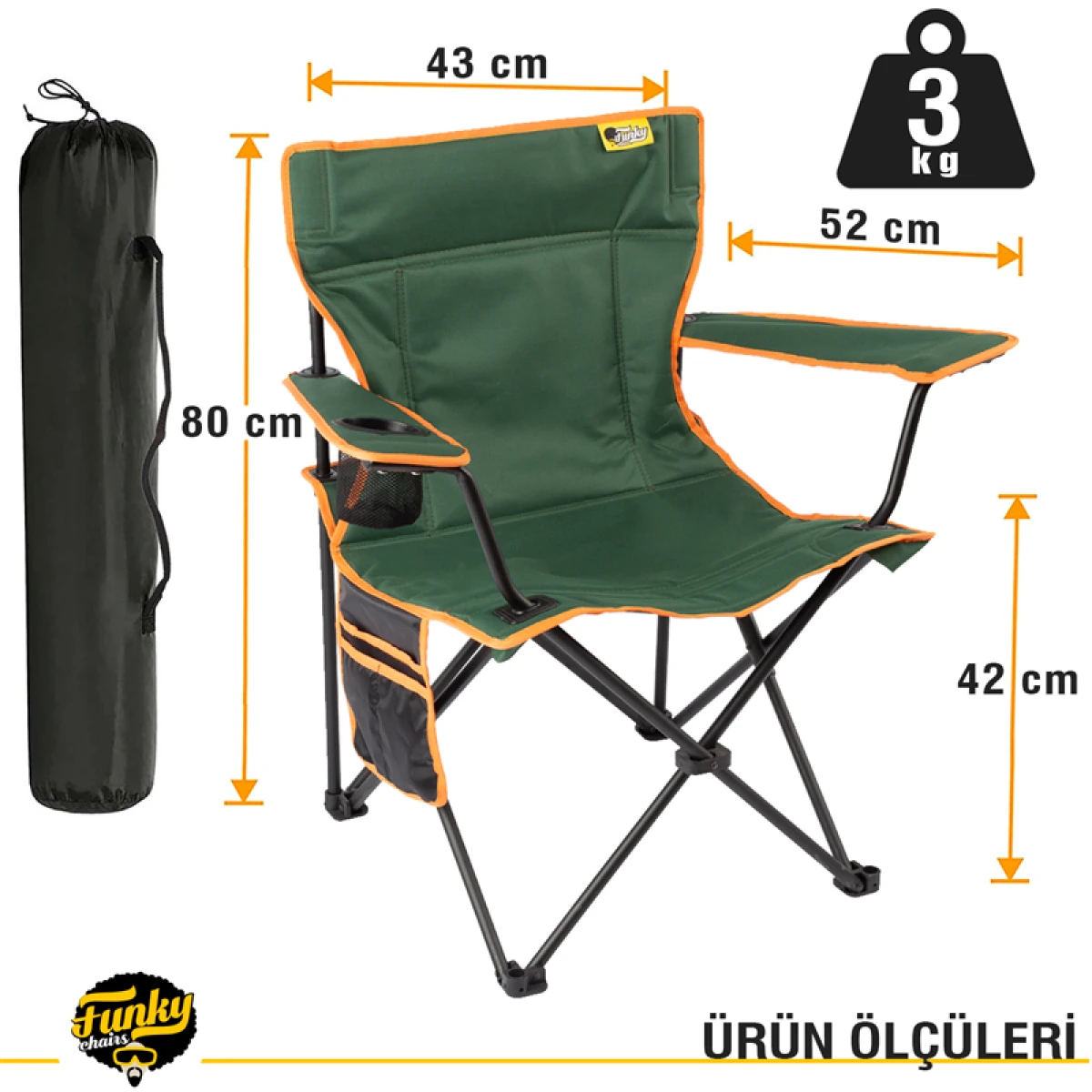 FUNKY CHAIRS 2 ADET V2 Haki Lüks Kamp Sandalyesi + Ultralight Siyah Katlanabilir Masa