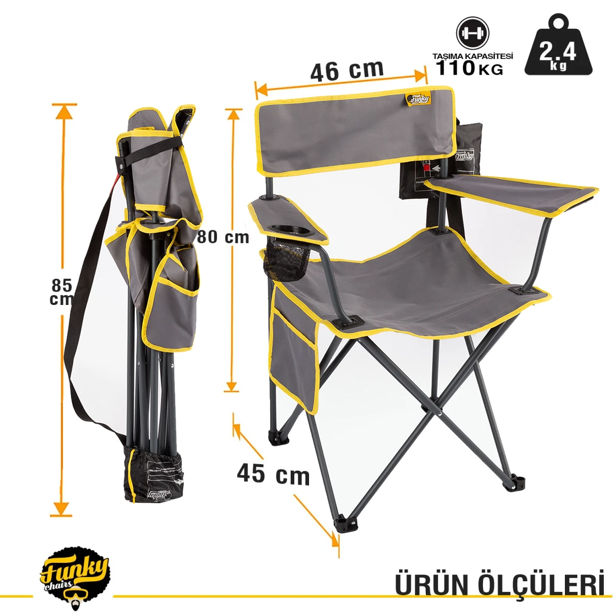 FUNKY CHAIRS Camper Katlanabilir Kamp Piknik Sandalyesi 2 Gri + 2 Lacivert