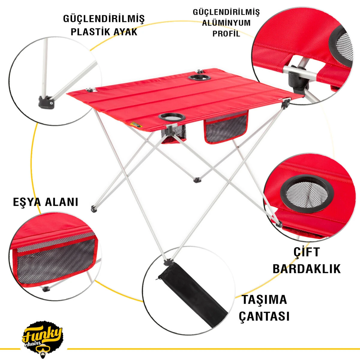 FUNKY CHAIRS Ultralight Katlanır Kamp Masası + 4 Adet Katlanabilir Tabure - Kırmızı