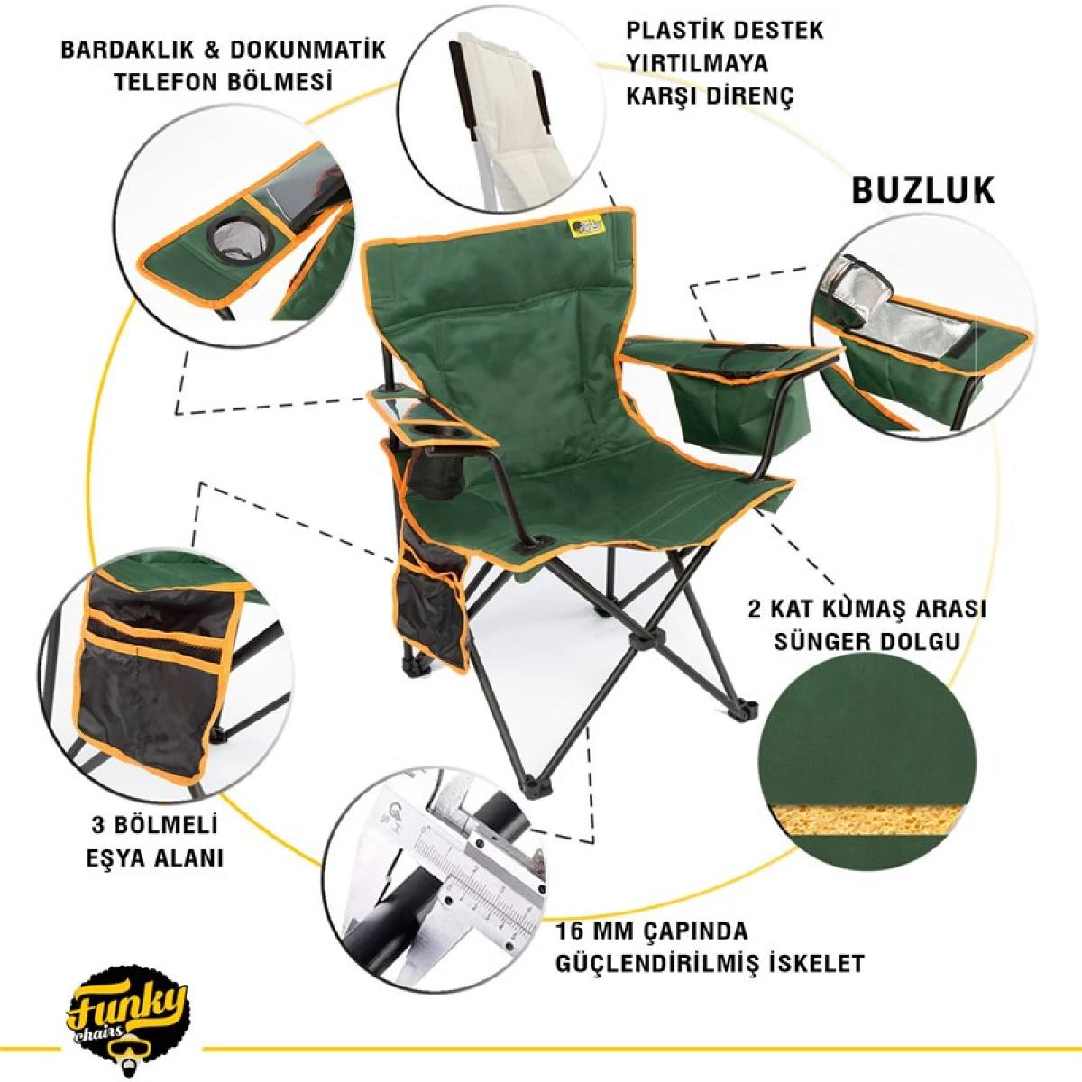 FUNKY CHAIRS Cool Ice Petrol Yeşili/Sarı Lüks Kamp Sandalyesi