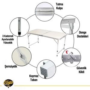 FUNKY CHAIRS Şemsiyeli Tabureli Katlanabilir Piknik Masası Seti - Gri