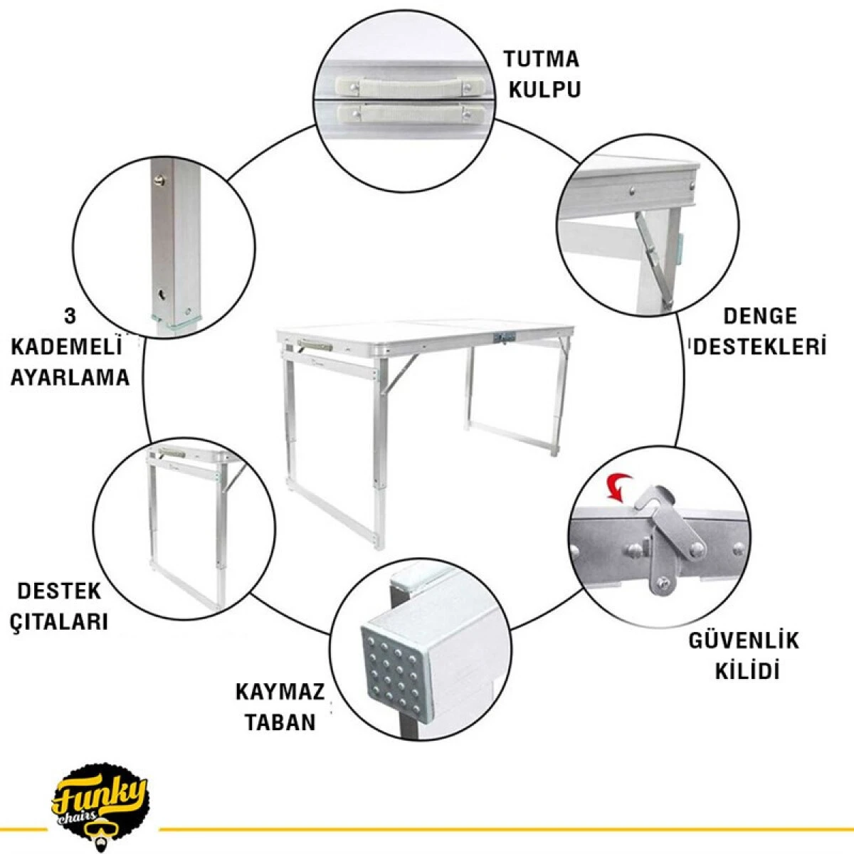 FUNKY CHAIRS Şemsiyeli Tabureli Deluxe Katlanabilir Piknik Masası Seti - Ahşap