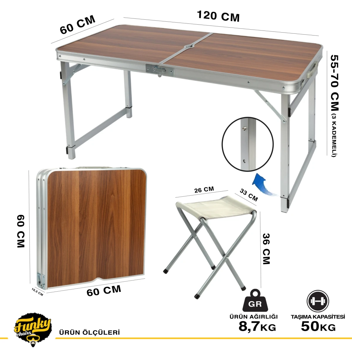 FUNKY CHAIRS Şemsiyeli Tabureli Deluxe Katlanabilir Piknik Masası Seti - Ahşap