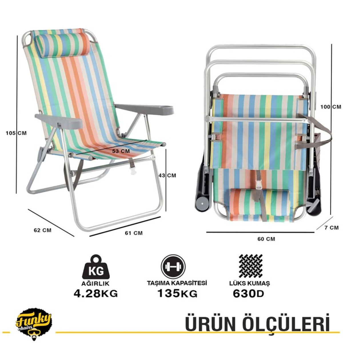FUNKY CHAIRS Sunny 5 Kademeli Alüminyum Kamp ve Plaj Sandalyesi + Şemsiye Seti