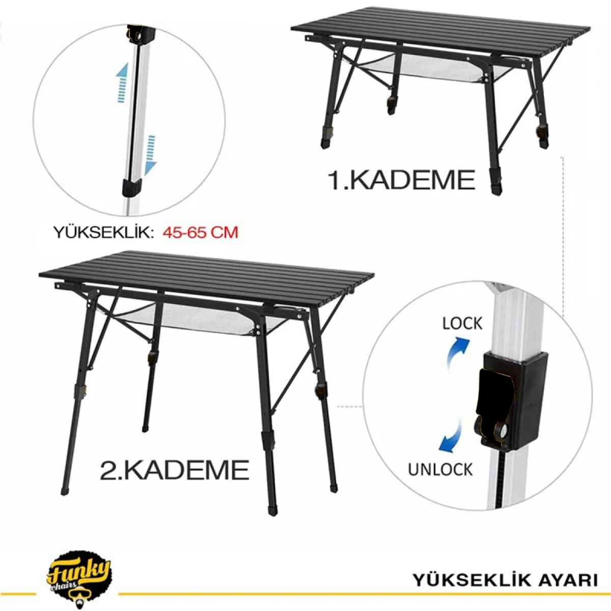 FUNKY CHAIRS Elite Alüminyum Teleskopik Ayaklı Kamp Piknik Masası - Siyah