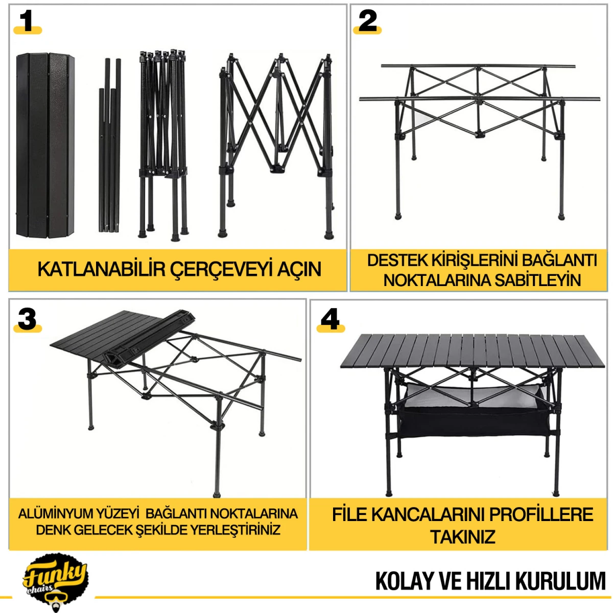 FUNKY CHAIRS Family XL Katlanabilir Alüminyum Kamp Masası - Siyah (120x55x68)