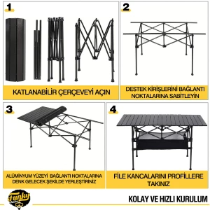 FUNKY CHAIRS Family XL Katlanabilir Alüminyum Kamp Masası - Siyah (120x55x68)