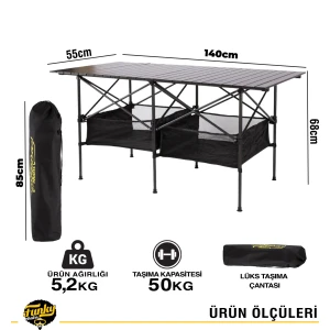 FUNKY CHAIRS Family XXL Katlanabilir Alüminyum Kamp Masası - Siyah (140x55x68cm)