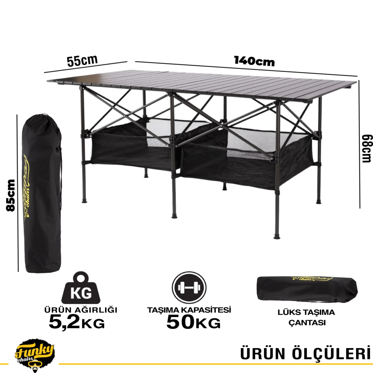 FUNKY CHAIRS Family XXL Katlanabilir Alüminyum Kamp Masası - Siyah (140x55x68cm)