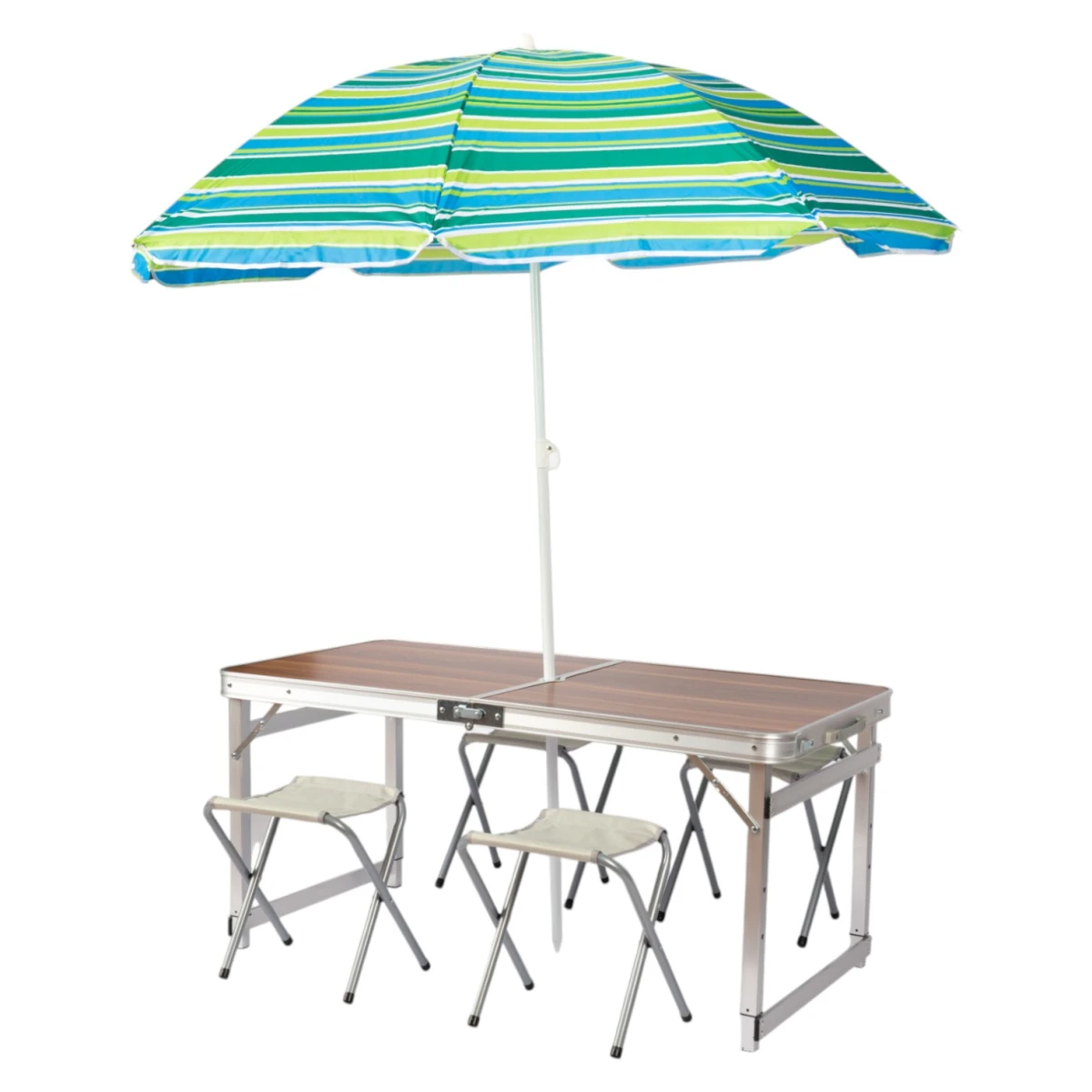 FUNKY CHAIRS Şemsiyeli Tabureli Deluxe Katlanabilir Piknik Masası Seti - Ahşap