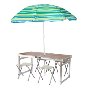 FUNKY CHAIRS Şemsiyeli Tabureli Deluxe Katlanabilir Piknik Masası Seti - Ahşap