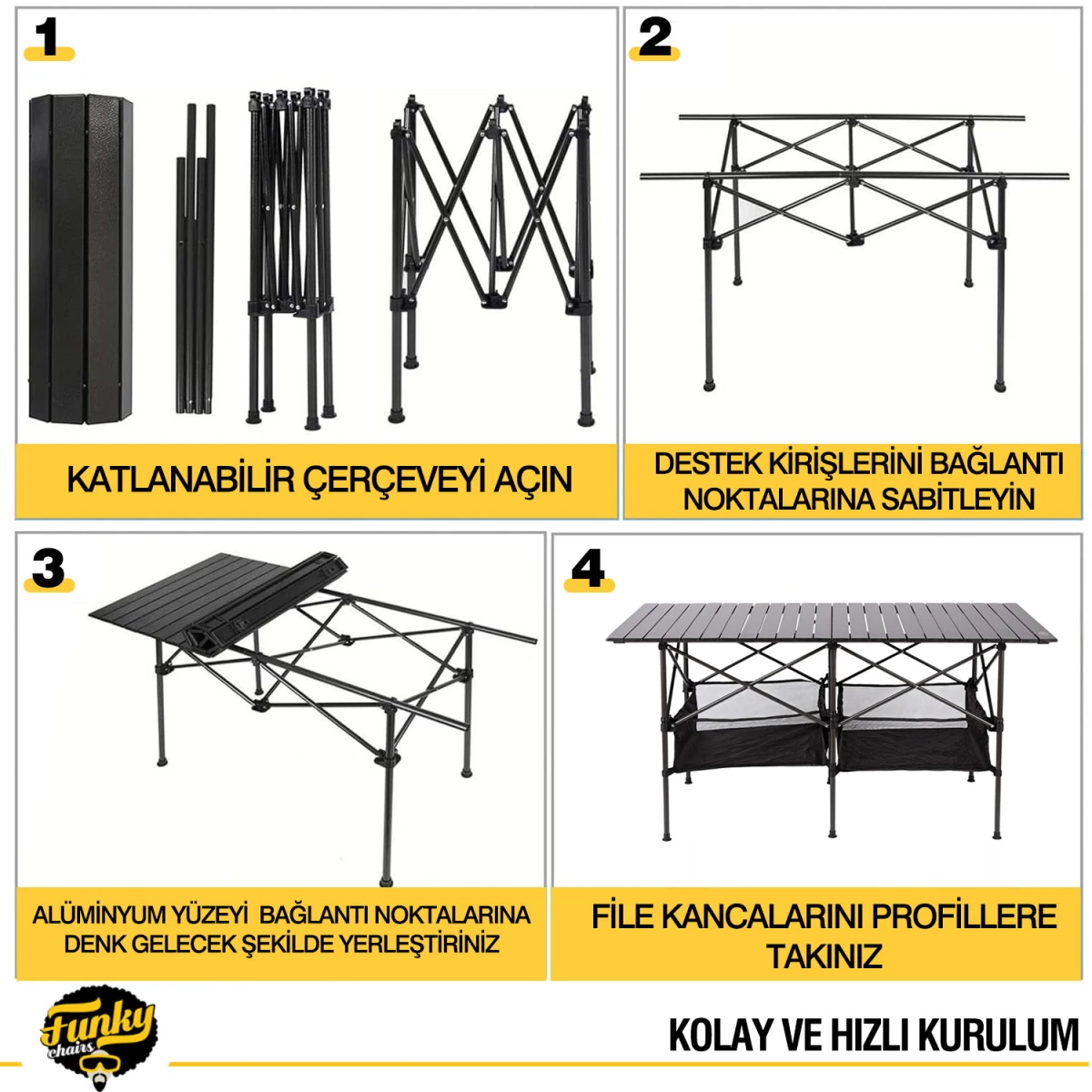 FUNKY CHAIRS Family XXL Katlanabilir Alüminyum Kamp Masası - Siyah (140x55x68cm)