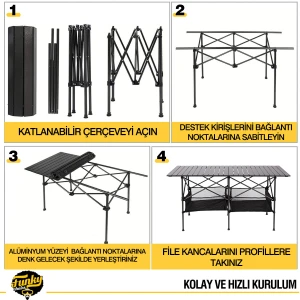 FUNKY CHAIRS Family XXL Katlanabilir Alüminyum Kamp Masası - Siyah (140x55x68cm)
