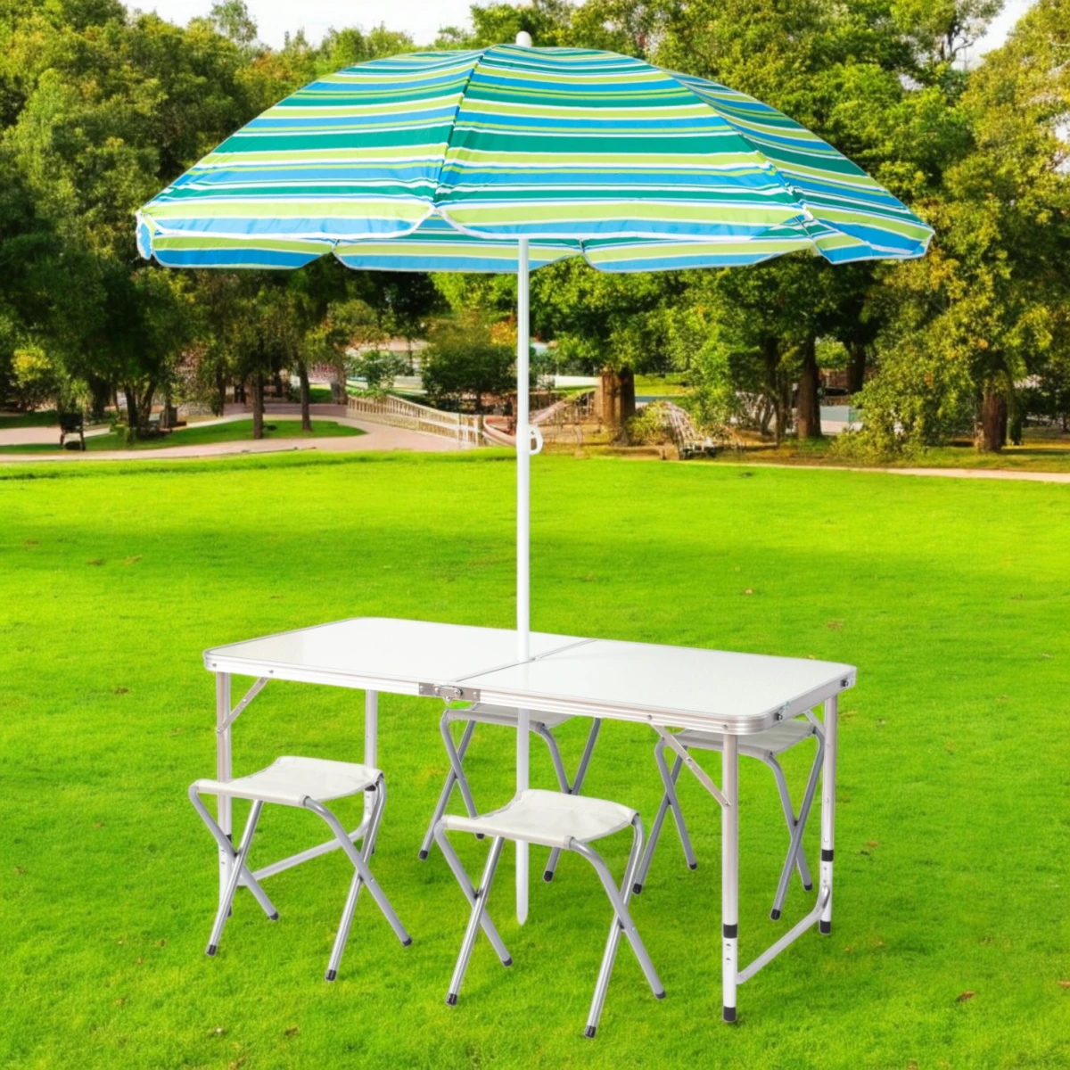 FUNKY CHAIRS Şemsiyeli Tabureli Katlanabilir Piknik Masası Seti - Gri