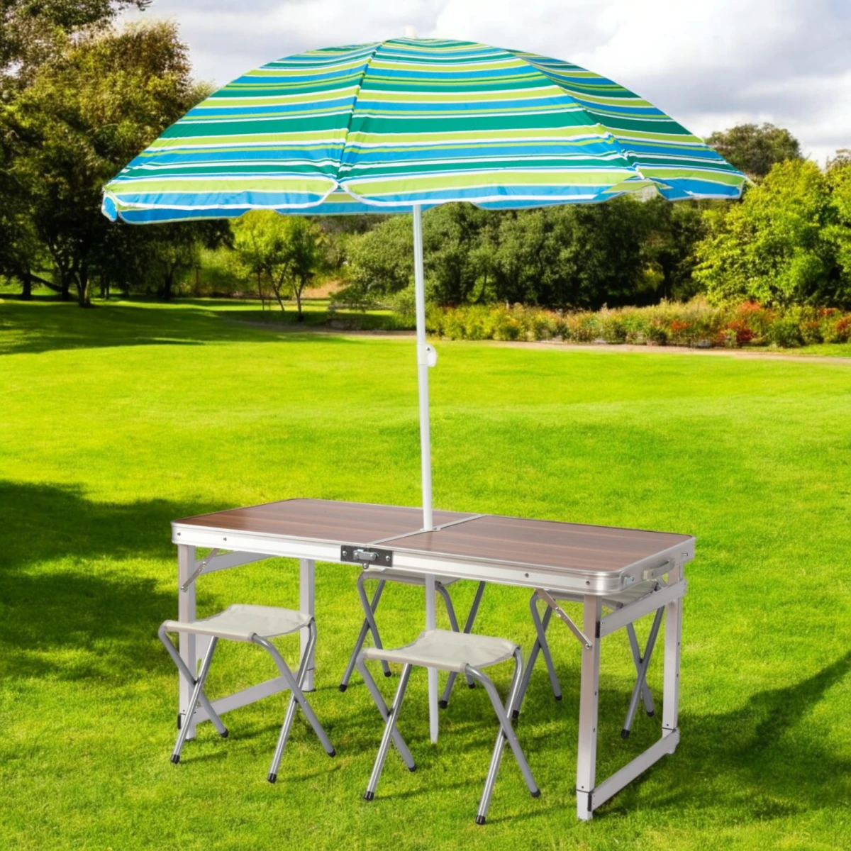 FUNKY CHAIRS Şemsiyeli Tabureli Deluxe Katlanabilir Piknik Masası Seti - Ahşap