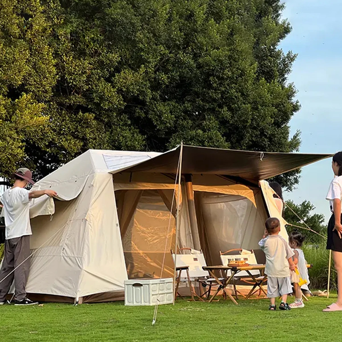 FUNKY CAMP Tenteli Şişme Çadır (8,64 m2) 360X240X200cm 200D Oxford Su Geçirmez Kumaş 4-8 Kişilik